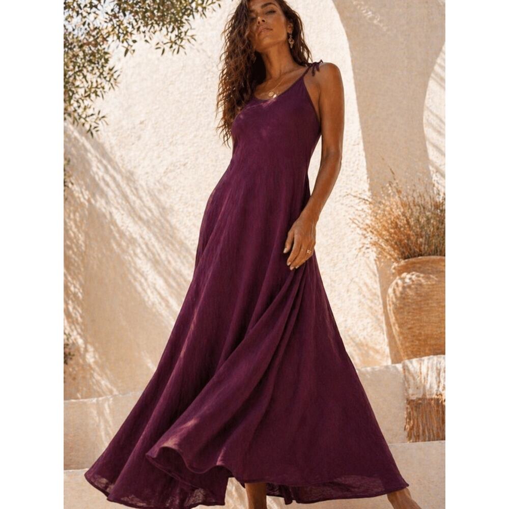 Boho Maxi Dress S/M Organic Viscose Cotton Burgundy Tie Strap Flowy Relaxed Fit - Picture 6 of 9